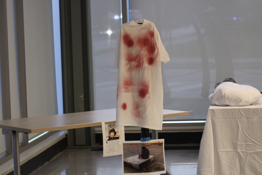 A shirt meant to symbolize protestors killed in nationwide protests in Iran. (WBAA News/Ben Thorp)