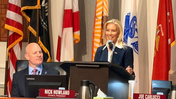 Jacksonville Mayor Donna Deegan stands beside Council President Nick Howland while presenting the proposed 2026-2027 budget to City Council on Monday, July 20, 2026. (Mike Mendenhall, Jacksonville Today)
