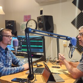 KVNF's Brody Wilson (left) interviews Montrose County Commissioner Scott Mijares