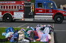 Childrens' bookbags sit outside of the Wyoming Area Catholic School after children were bused to Wyoming Area Secondary School following a fire at the Catholic school on Tuesday, Sept. 1, 2026.