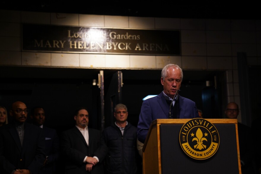 Louisville Mayor Greg Fischer gives a press conference at Louisville Gardens on Dec. 9, 2022. He says redevelopment this building has been a goal of his administration's for years.