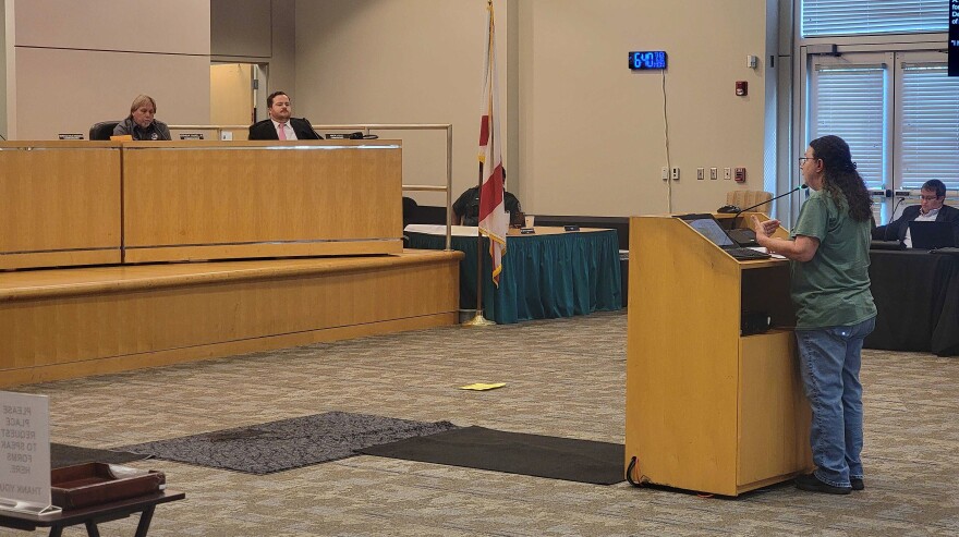Longtime Deltona resident Kathy Bryan shares her thoughts in favor of the moratorium at Deltona City Hall on Monday, June 30, 2025. "We are ruining the reasons people come down here to live,” she said.