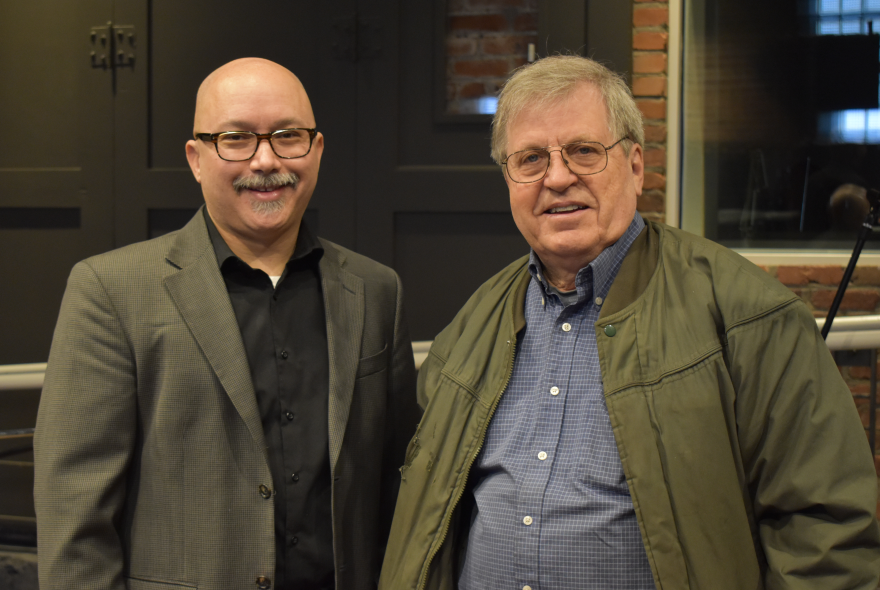 Chris Grant, conductor of the Spokane British Brass Band, and tuba player (and SPR Chief Engineer) Jerry Olson in the SPR performance space