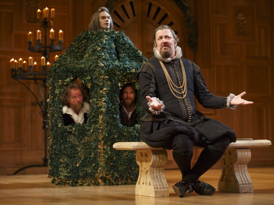 In his first-ever Broadway performance, Stephen Fry (right) plays the mistreated steward Malvolio in <em>Twelfth Night</em>.