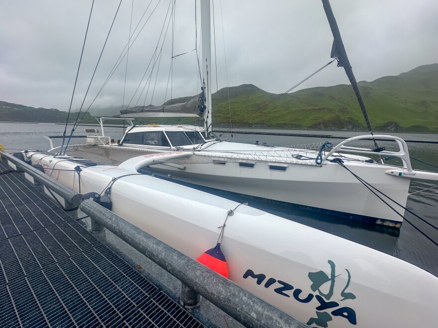 The Mizuya, a 40-foot sailing trimaran, is docked at the Carl E. Moses Boat Harbor on July 18.