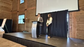 Christopher Kappin and Sydney Bartunek speak at a press conference announcing the new company Solace on Oct. 09, 2025.