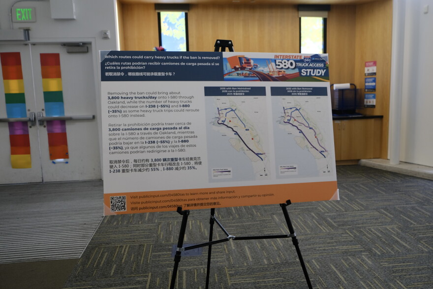 A presentation board at a Caltrans information session at the San Lorenzo Library shows preliminary findings on how lifting the I-580 truck ban could affect traffic. Caltrans estimates about 3,500 heavy trucks could shift onto I-580 each day, while heavy truck traffic on I-880 could decrease by about 35%.