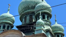 A burned out section under the main dome on the roof of St. Theodosius Orthodox Cathedral.