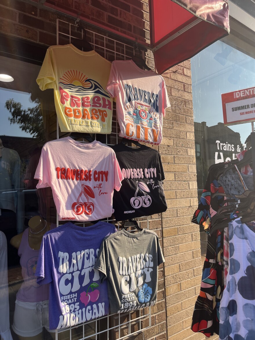 T-shirts promote Traverse City outside a store. (Photo: Claire Keenan-Kurgan/IPR)