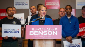 Jocelyn Benson, the Democratic candidate for Michigan governor, speaks at an event where she was endorsed by several veterans and emergency workers. Republican John James, her leading opponent, also boats endorsements by key groups representing first responders.