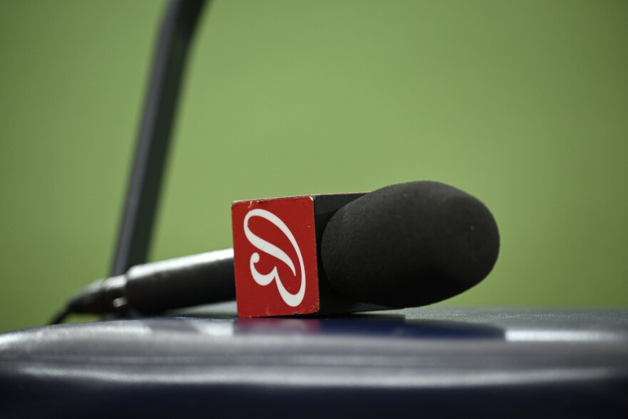 A Bally Sports logo is viewed on a mic flag before a baseball game between the Tampa Bay Rays and the Kansas City Royals, Saturday, May 25, 2024, in St. Petersburg.