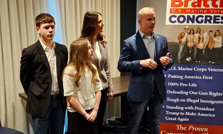 Missouri sate Sen. Rick Brattin, right, a Republican from Harrisonville, announces Feb. 26, 2026, that he will seek the Republican nomination for Congress in Missouri's 5th District. Brattin was joined by members of his family, from right, a son, Garrett, a daughter Hannah and his wife, Athena Brattin.
