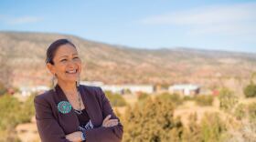 Woman, wearing a purple suit, stands with arms crossed in front of an arid, mountain landscape.