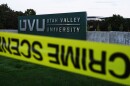 Crime scene tape surrounds Utah Valley University after Turning Point USA CEO and co-founder Charlie Kirk was shot and killed, Sept. 13, 2025, in Orem, Utah.