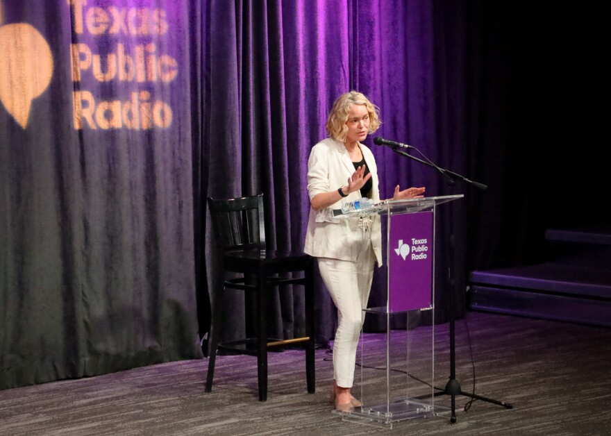 Katherine Maher speaks at Texas Public Radio in 2024.