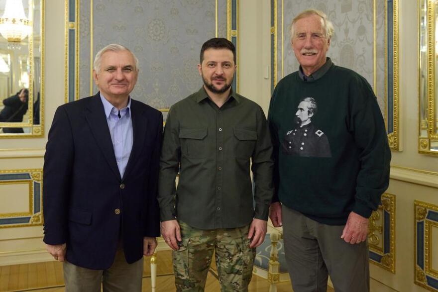 U.S. Sen. Angus King, right, poses with Ukraine President Volodymyr Zelenskyy, center, and Rhode Island U.S. Sen. Jack Reed, left, during a visit to Ukraine in a photograph provided by the Ukrainian government. King worse a sweatshirt featuring the image of Joshua Chamberlain, a decorated Union officer in the U.S. Civil War from Maine.