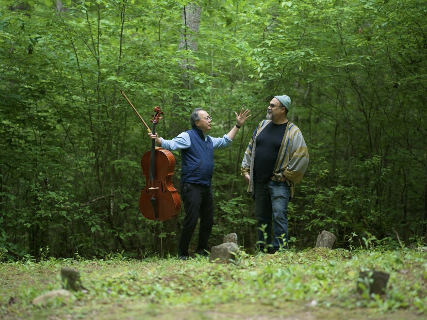 Acclaimed cellist Yo-Yo Ma (left) and an 'Our Common Nature' podcast guest at Cades Cove in the Great Smoky Mountains.