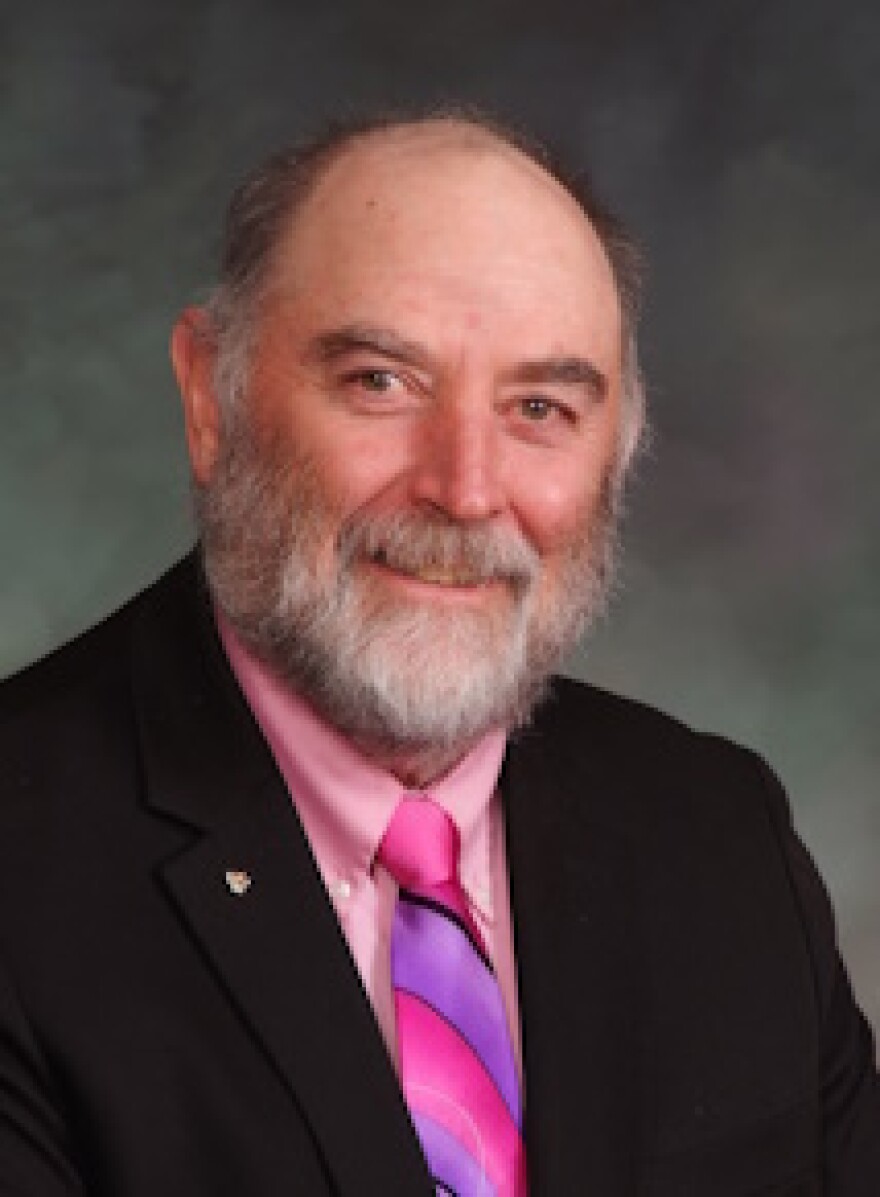 A headshot of a bearded man in a dark suit with a pine tie and pink shirt.