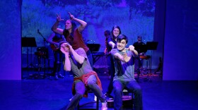 Kansas City's Spinning Tree Theatre combined ASL interpreters (Juliana Ladd and Lisa Wirken, standing) along with actors (Matthew Sweet and Todd Almond, seated) into their 2020 production of the musical "Girlfriend."