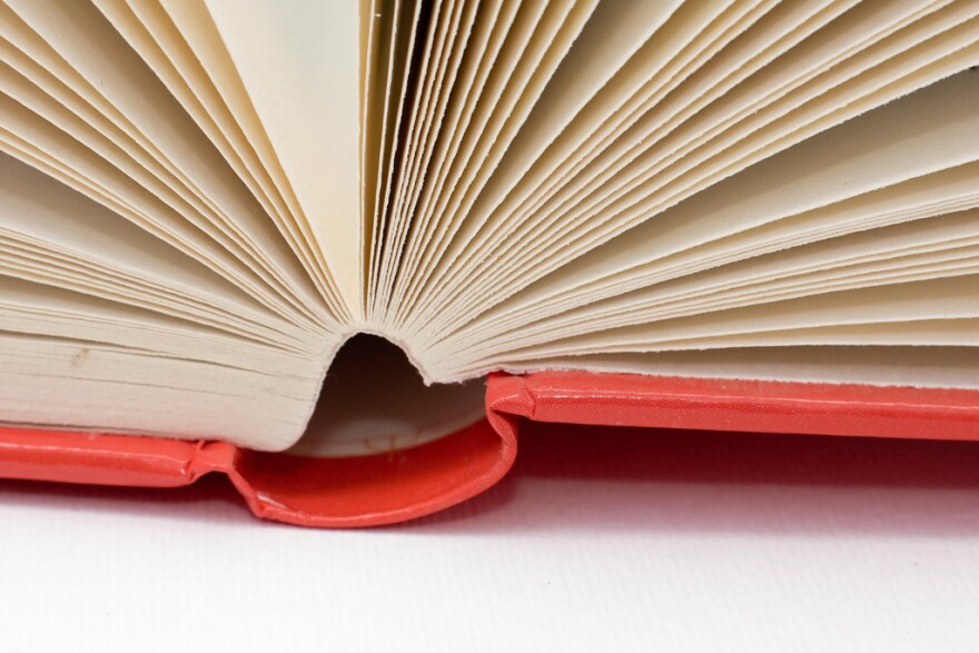 Red hardcover book gutter with sewn pages flipping through the air ready for browsing. The cover has a shiny, plastic texture.