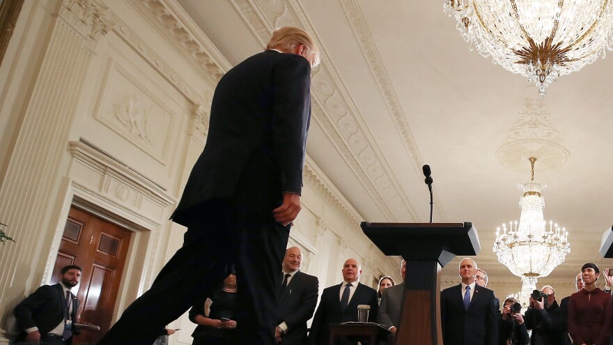 President Donald Trump walks up to speak to the media with Prime Minister Erna Solberg of Norway at the White House, on January 10, 2018.