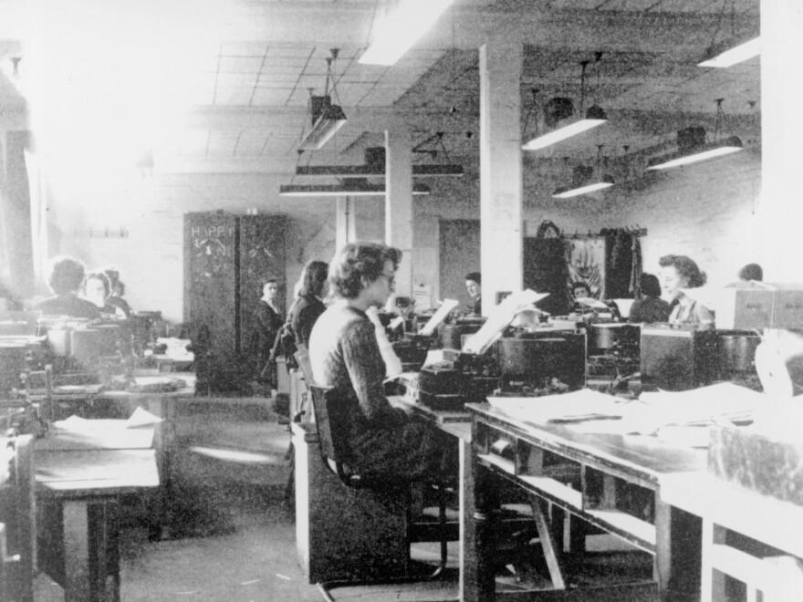 British codebreakers using modified British Typex cipher machines in Hut 6 at Bletchley Park, Milton Keynes, Buckinghamshire in 1942. Bletchley Park was the British forces' intelligence centre during WWII, where cryptographers deciphered top-secret military communiques between Hitler and his armed forces. These communiques were encrypted in the Lorenz code which the Germans considered unbreakable.