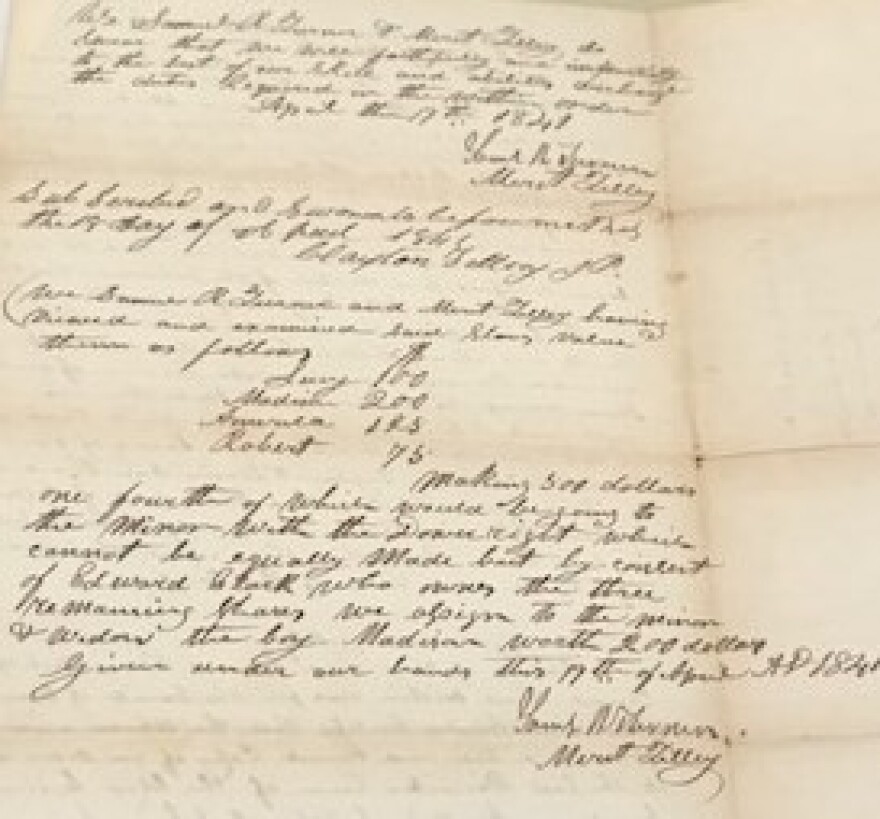 Documents held at the Clay County Archives & Historical Library in Liberty include these circuit court records which detail the formal partition of four enslaved persons among several Clay County residents.