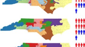 Image of three different maps of North Carolina, with different districts.