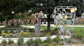The sculpture garden at One Normal Plaza now has five pieces installed along new curvilinear paths. The garden is designed around an existing sculpture unveiled in 2008 as a tribute to the Illinois Soldiers and Sailors Children's School.