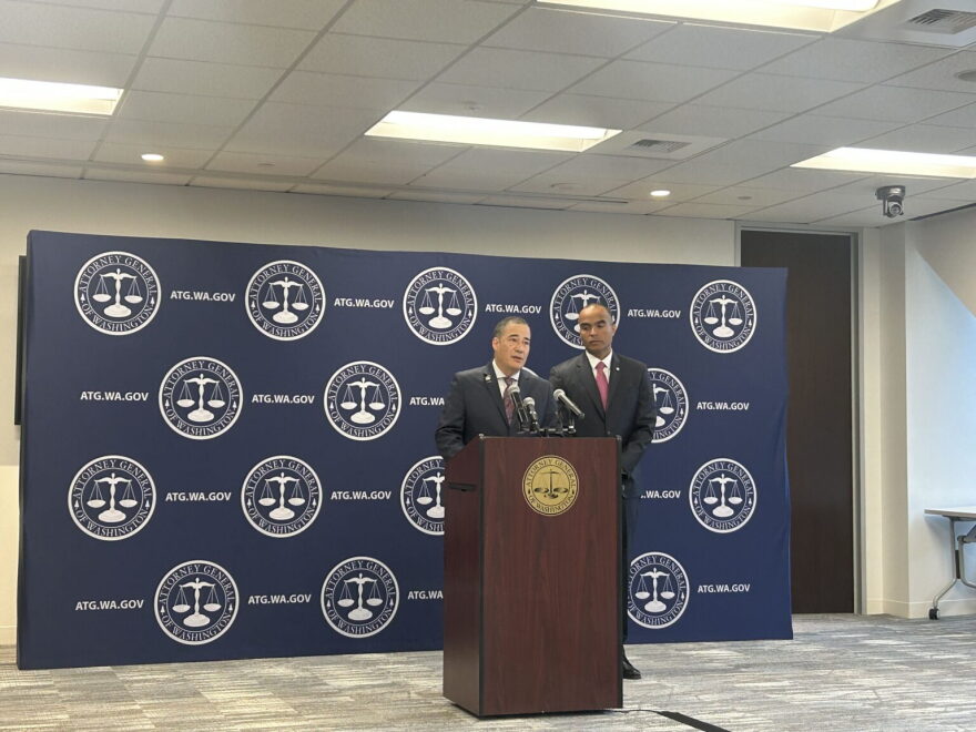 Washington Secretary of State Steve Hobbs speaks at a press conference announcing a new election-related lawsuit, alongside Attorney General Nick Brown on Wednesday, Aug. 26, 2026, in Seattle.