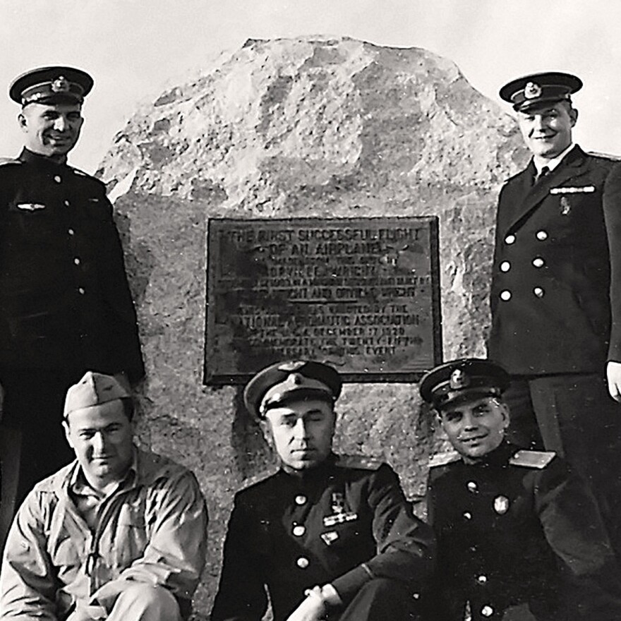 Soviet and American officers pose at the Wright Brothers National Memorial in Kill Devil Hills, N.C.
