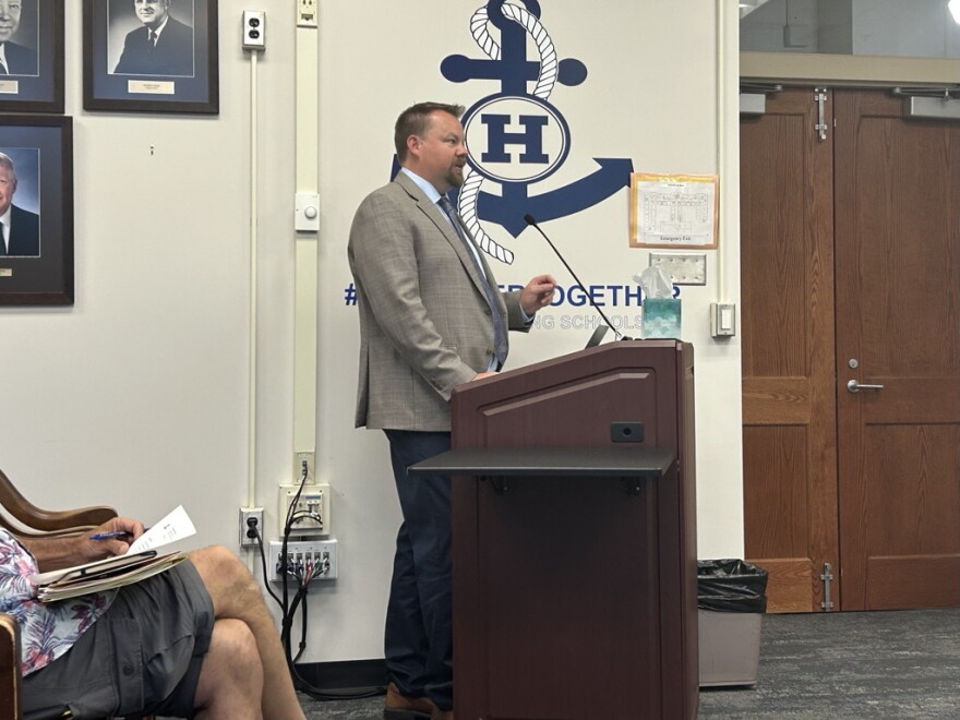 Paul Peltier speaks about the school fund constitutional amendment at a Hibbing School Board meeting on Sept. 9, 2026.
