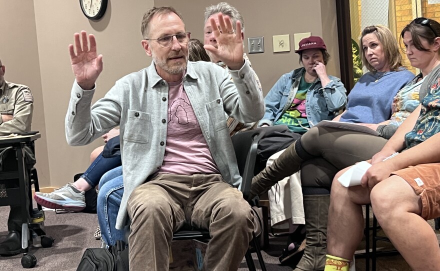 Tim Prinsen, who is pursuing a cabin development within the Cuyuna Country State Recreation Area, speaks with public commentators at a CCSRA Community Advisory Committee meeting April 16, 2026, at Crosby City Hall.