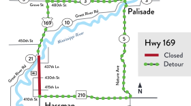 A map shows the detour route established for motorists traveling on Highway 169 through the remainder of the summer of 2023 into November.