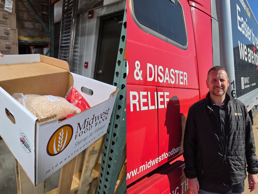 A split image showing a volunteer holding a Midwest Food Bank box filled with food, and a man standing next to a Midwest Food Bank disaster relief truck.