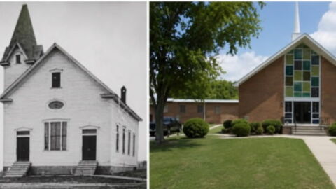 First Waughtown Baptist Church at 838 Moravia Street in Winston-Salem, as it appeared in 1913 (left), and the 1976 sanctuary at the same location that remains in use today.