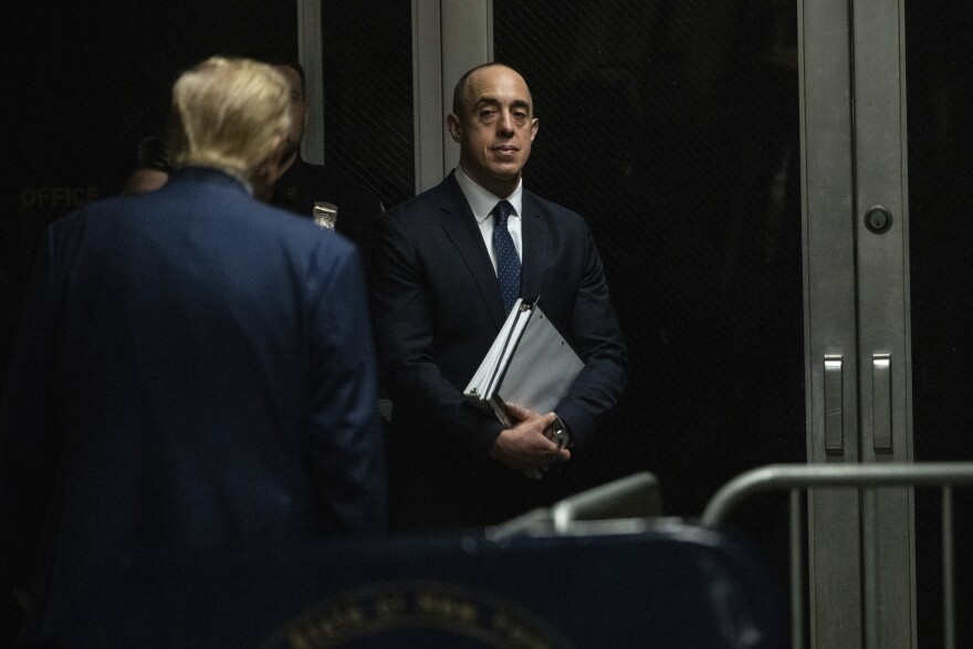 FILE: Trump attorney Emil Bove waits for former president Donald Trump to enter court before another day of testimony in Trump's trial at Manhattan criminal court in New York, on Friday, May 10, 2024.