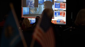 GOP watch party attendees watch live election results on a big screen, Nov. 5, 2024, at the Champion Convention Center in Oklahoma City. Most were already finished celebrating President-elect Donald Trump’s easy win of Oklahoma.