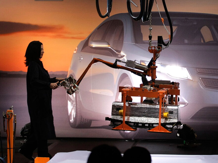The first battery pack for the General Motors Chevrolet Volt extended-range electric vehicle comes off the assembly line in Brownstown Township, Mich.