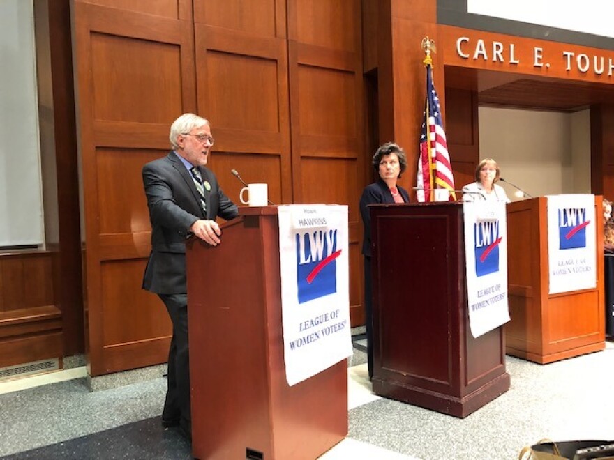 Green Party candidate Howie Hawkins and independent candidate and former Syracuse Mayor Stephanie Miner participate in the League of Women Voters' debate Thursday.