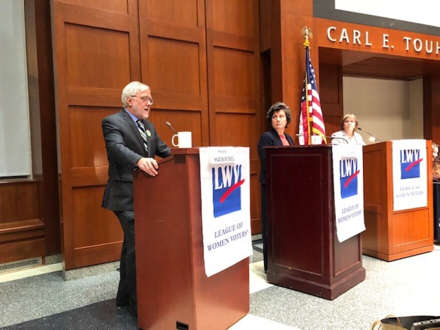 Green Party candidate Howie Hawkins and independent candidate and former Syracuse Mayor Stephanie Miner participate in the League of Women Voters' debate Thursday.