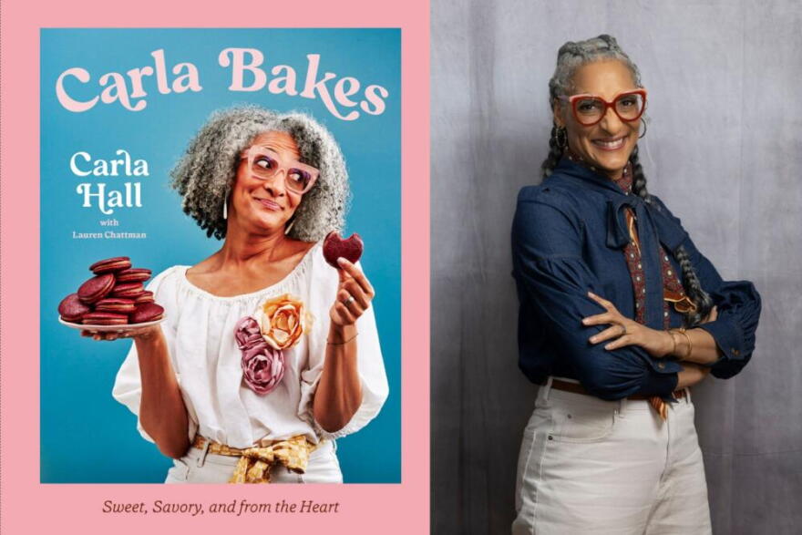 The cover of "Carla Bakes" and author Carla Hall. (Courtesy of 4 Color Books and Marvin Joseph)