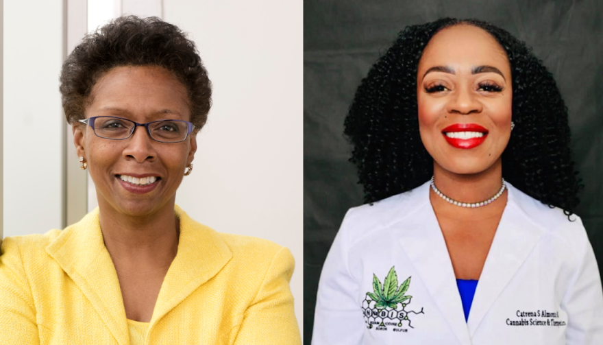 Dr. Natalie Eddington is Dean of the UMd School of Pharmacy; Catrena Almonte is one of the first graduates of its Medical Cannabis Science and Therapeutics Masters Program (UMSOP; Catrena Almonte)