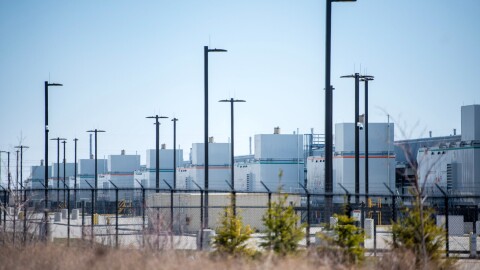 A Microsoft data center is situated near a hiking trail Tuesday, April 8, 2025, in West Des Moines, Iowa.