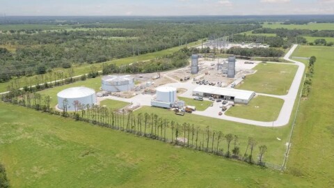 An aerial view of the 3800 NE Roan Street site in DeSoto County, Florida, where DCIP Group is developing a data center infrastructure campus. The project aims to revitalize the former DeSoto County Generating Co. complex, a natural gas plant that operated from 2002 until 2017 and has sat idle for nearly a decade. Current on site infrastructure includes a natural gas station maintained by Energy Transfer, a 1.5 million gallon diesel fuel storage tank, a 1.3 million gallon demineralized water storage tank, a 750,000 gallon raw water storage tank, and two 600 foot deep producing water wells powered by three phase electricity.