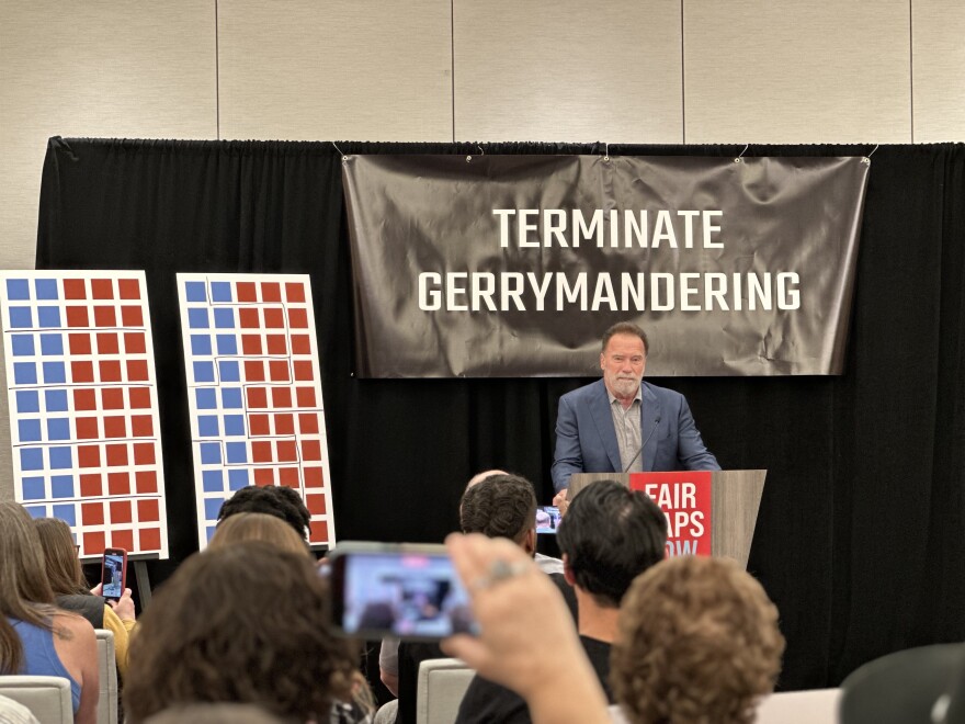 Arnold Schwarzenegger takes the mic at the “Terminate Gerrymandering” event in March 2024 at the Hilton in downtown Columbus.