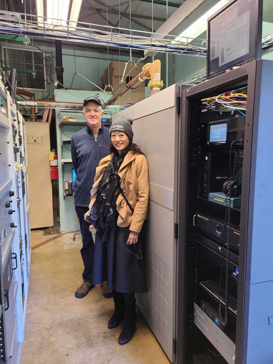 STLPR's Director of Technology Daryl McQuinn and CEO Tina Pamintuan view the newly installed transmitter at the install ceremony on October 20th.