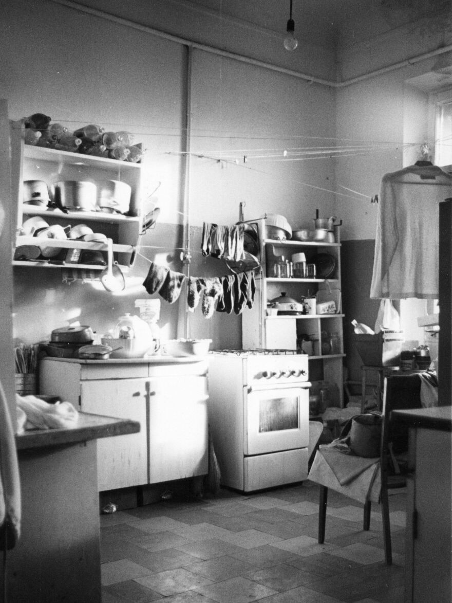 Laundry drying in a communal kitchen in Moscow.