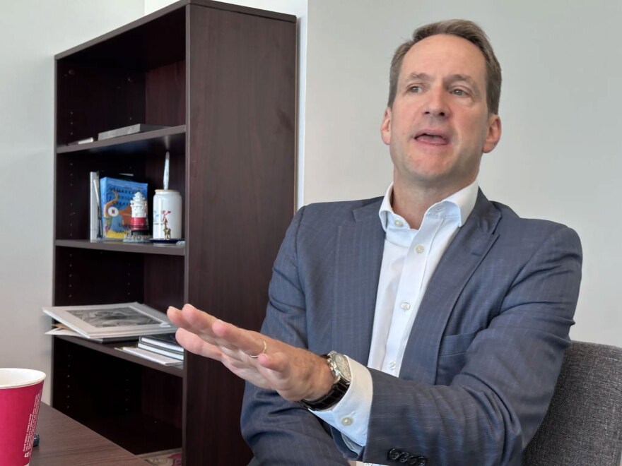 Congressman Jim Himes briefing reporters at his office in Stamford on Oct. 7, 2026.