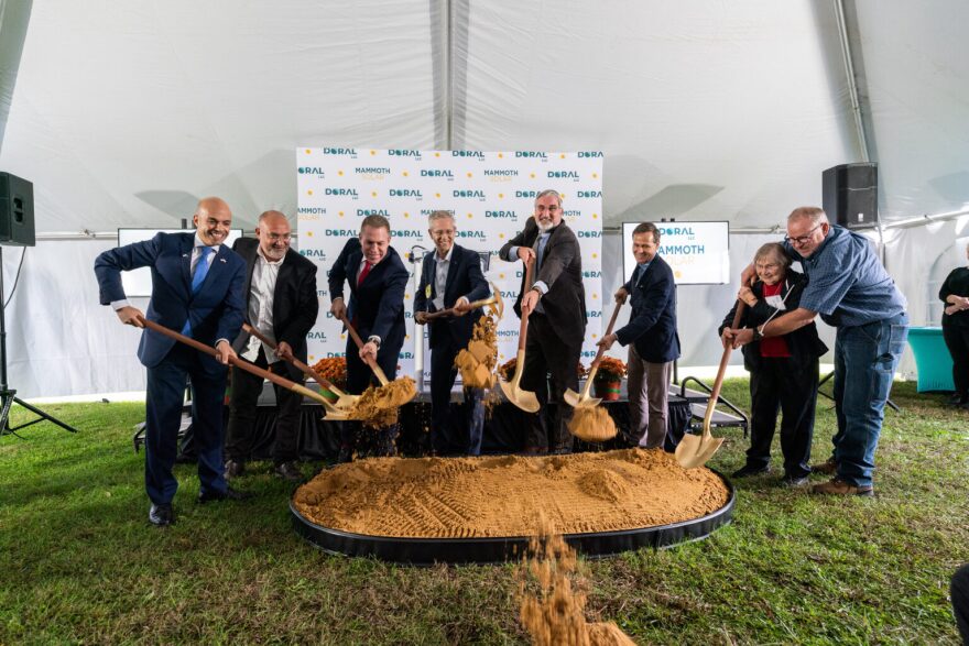 Former Indiana Gov. Eric Holcomb and executives from Doral Renewables LLC break ground on the Mammoth Solar project in Northwest Indiana in October 2021.